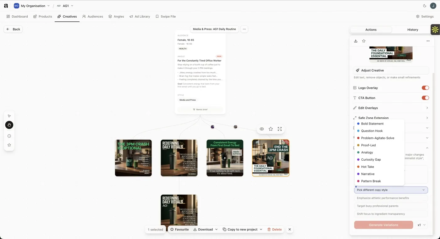 Adrio interface with brief panel, generated ad variants, and copy-style picker