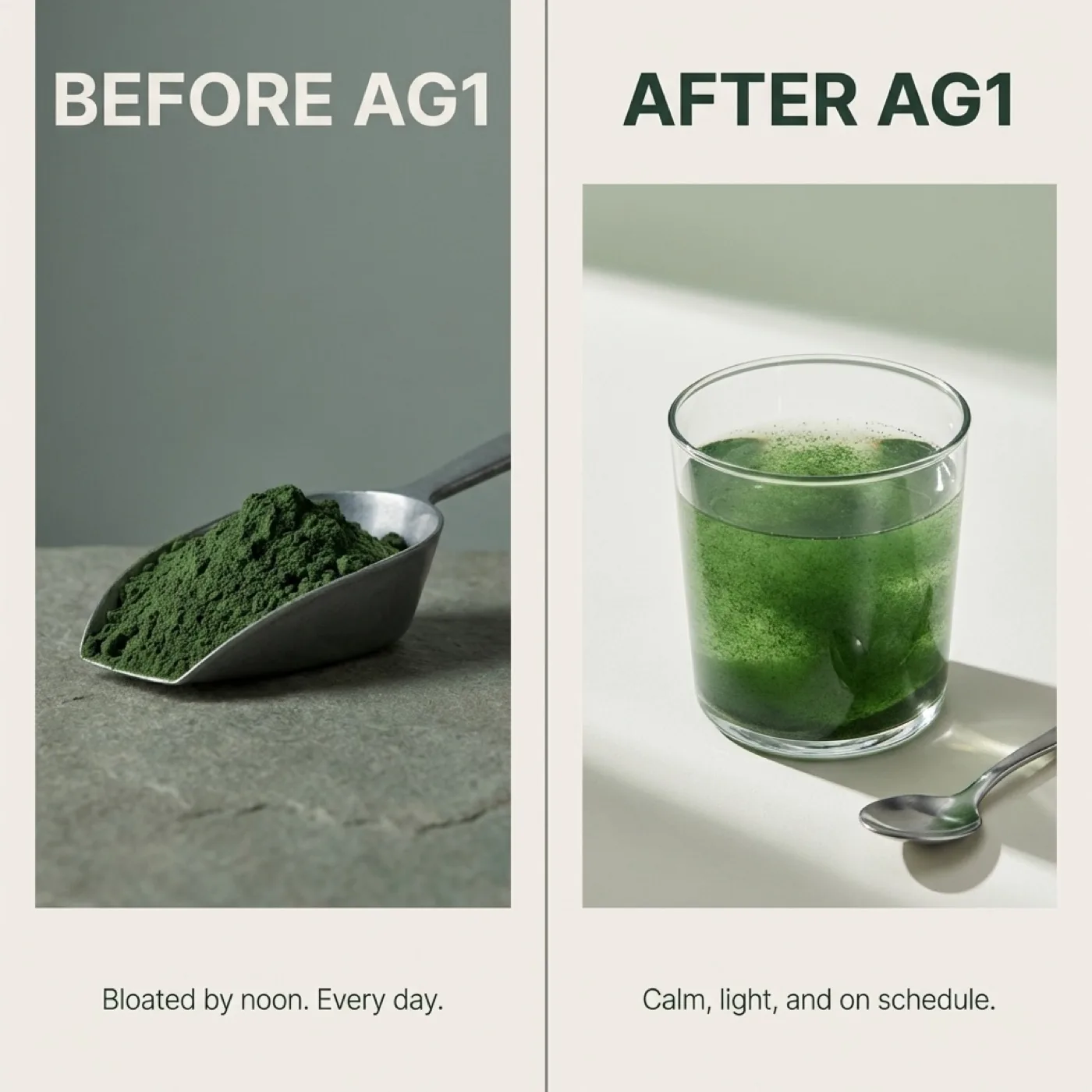 Canva-style output: classic before-and-after split with a product hero, design-led and using a conventional template